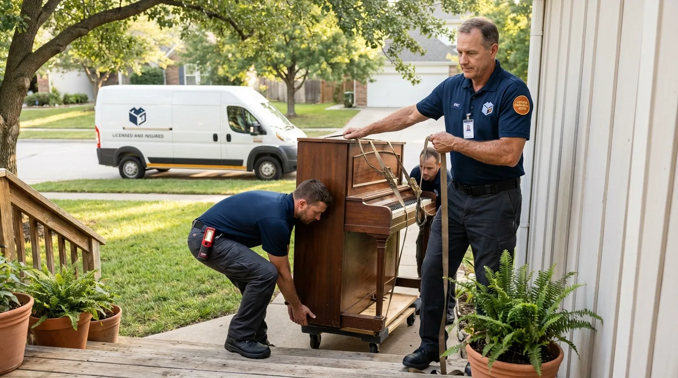 Licensed piano movers securing grand piano in Burns Flat, OK