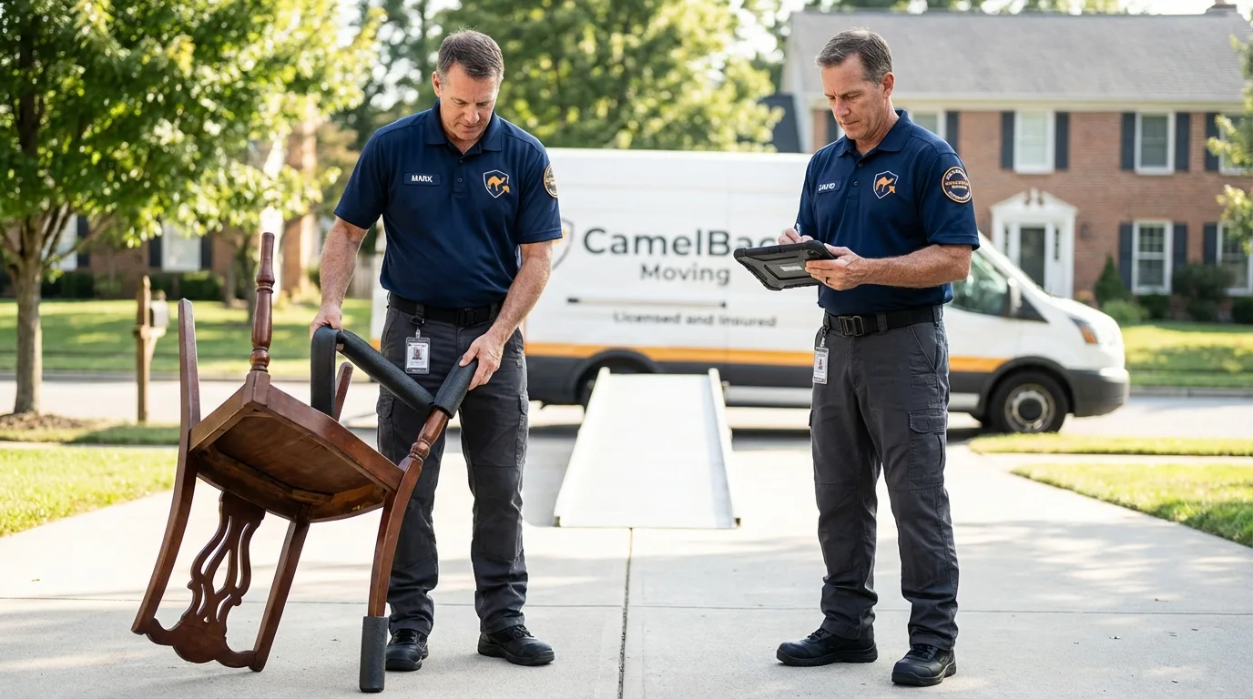 Movers inspecting furniture for damage prevention before loading in Burns Flat, OK